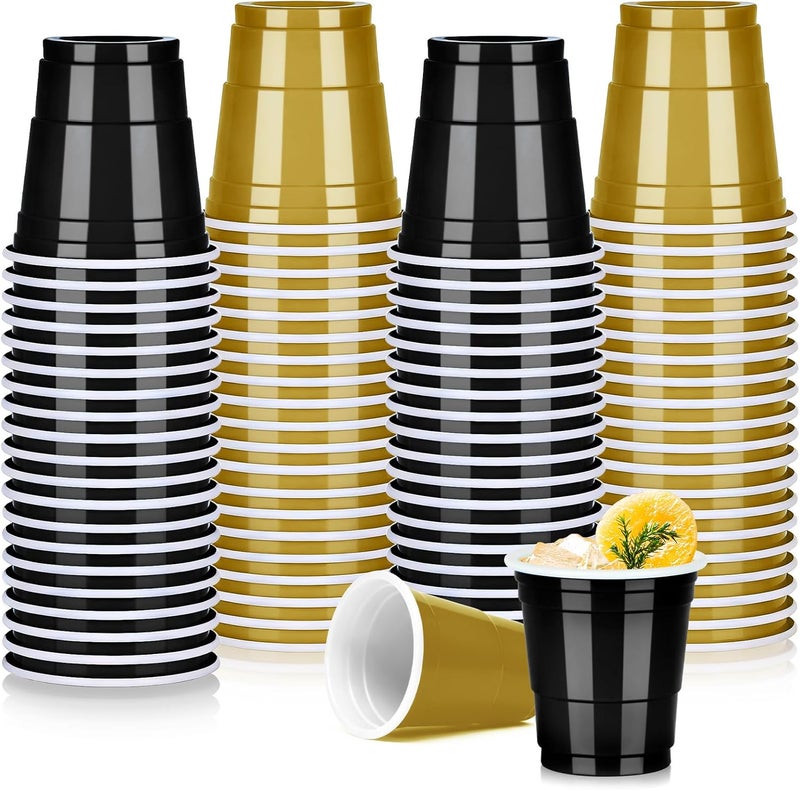 Pineburg 100Pack 2oz Disposable Shot Glasses, Black Gold Plastic Shot Cups, Mini Disposable Cups for Parties Valentine's Day Carnival Weddings Graduation Party Games & Events Supplies(Black&Gold) - Image 1
